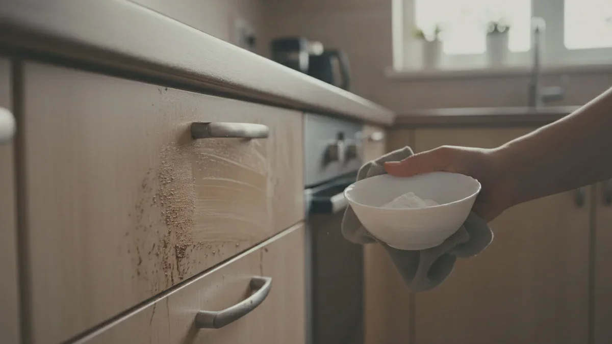 Cette astuce économique règle les placards de cuisine graisseux pour quelques centimes